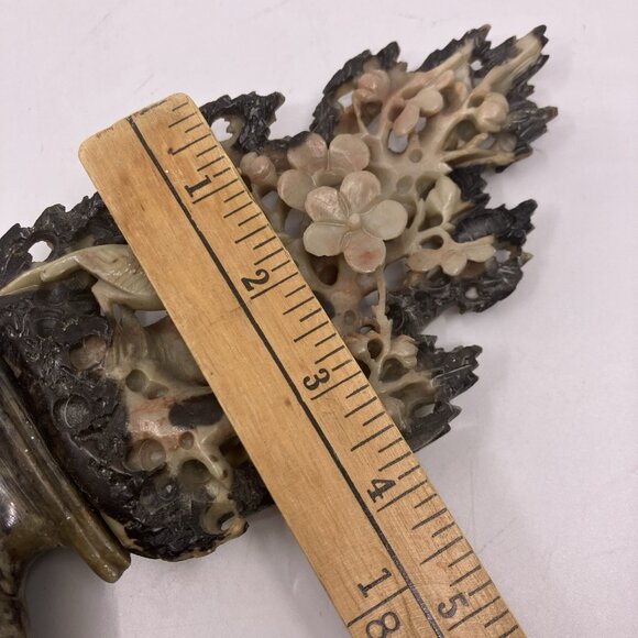 Vintage Carved Soapstone Floral Hand Made Stone Sculpture Chinese Flowers Bird - Picture 8 of 9